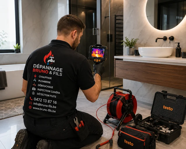 Technicus van Bruno & Fils lokaliseert een waterlek met de warmtebeeldcamera in een Brussels appartement