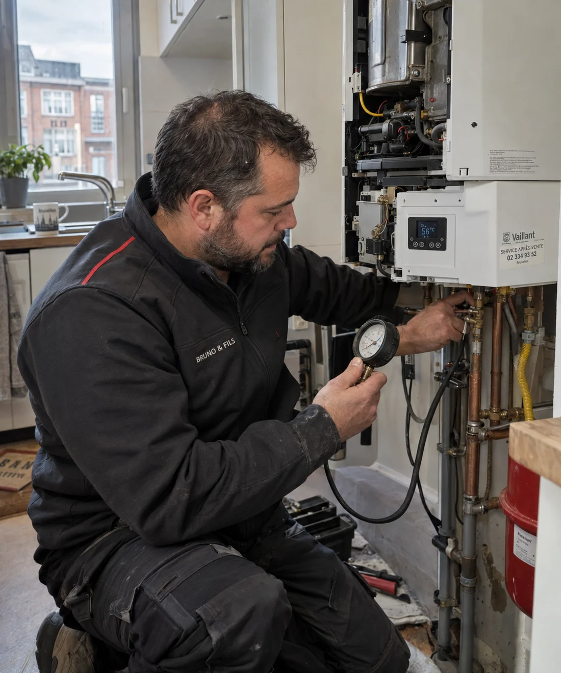 Erkend verwarmingstechnicus van Bruno & Fils aan het werk aan een ketel in Anderlecht